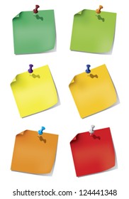 Colorful paper for the reminder and pin stripes on a white background with gray shadows.