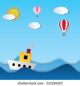 colorful paper sailing boat and balloon.paper art style.