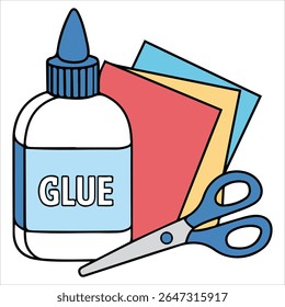 Colorful paper sheets with glue and scissors