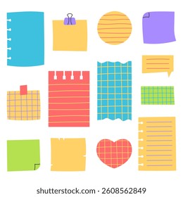 Colorful Paper Sheets for Memo Notes Set. Hand drawn collection of Checkered and Striped Notebook Blanks with empty space for messages. Vector illustration in flat style