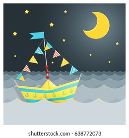 Colorful paper ship sailing on the sea, vector , illustration