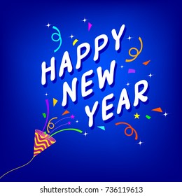 Colorful Paper Shoot With Happy New Year Lettering. Illustration Isolate On Blue Background. Celebration Concept.