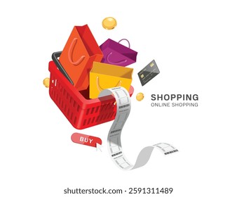 colorful paper shopping bag was placed in red basket after credit card payment was made, and receipt or invoice flowed out of the basket, vector 3d isolated for online shopping advertising design