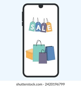 Colorful paper shopping bags with the inscription sale on the smartphone screen