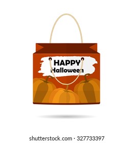 colorful Paper Shopping Bags isolated collection for holiday Halloween with pumpkins on a white background. The design of the bag. Vector illustration