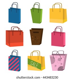 Colorful paper shopping bags isolated on white vector set. Store merchandise vector empty package shopping bags. Handle commerce shopping bags consumerism container box. Present shopping packet.