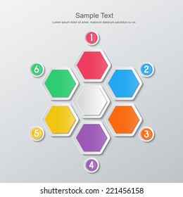 colorful paper six step hexagon infographics in flat design style. vector.