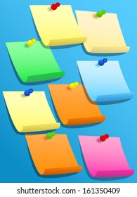 Colorful paper squares, yellow, blue, orange, pink, green, or stickies pinned on blue bulletin board