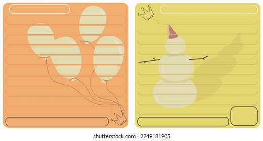 Colorful paper sticky notes with vector images. Greeting card  pleasant-looking and warm shades, for pleasant and warm wishes. Children's activities.Template for printing. Kids notebook, page template