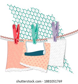 Colorful paper stikers hang on clothesline.Flat lay.Copy space.Scrapbooking elements.Vector illustration.