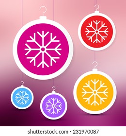Colorful Paper Vector Christmas Balls on Blurred Abstract Violet Background