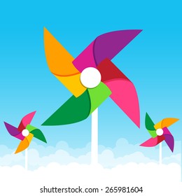 Colorful paper wind turbine on blue sky background vector illustration