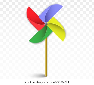 Colorful paper windmill pinwheels isolated on white. Pinwheel with shadow