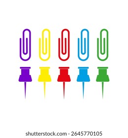 Colorful paperclip set. Office supply icons. Stationery clip collection. Vector attachment symbols.