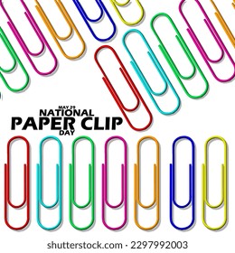 Colorful paperclips with bold text on white background to celebrate National Paperclip Day on May 29 svg