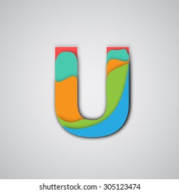 Colorful papercut layered font U, vector