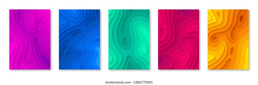 Colorful papercut multi layers, 3D topographic pattern textures set. Abstract paper cut relief imitation, topographic map for presentation, flyer, poster, cover, brochure vector illustration