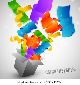 Colorful papers fly from box very fast