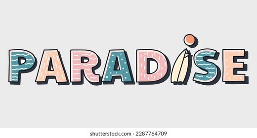 colorful paradise letter with surfboard as i letter vector design for t-shirt, sticker, and other use