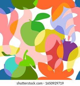 Colorful pareo print. Seamless pattern with abstract overlapping shapes. Folorful fruits, leaves and flowers on white background. Swimwear textile collection.