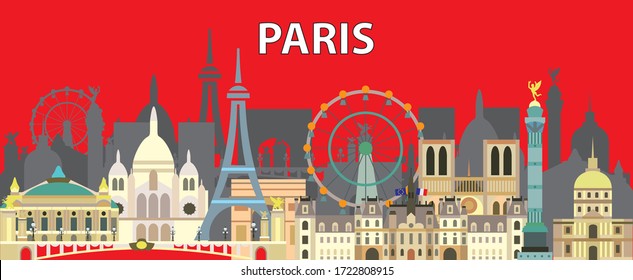 Colorful Paris skyline travel illustration. Design with isolated Paris landmarks  front view, french tourism and journey vector background for print, t-shirt, souvenirs. Worldwide traveling concept. 
