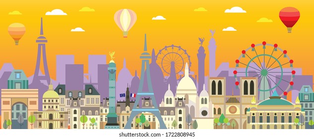 Colorful Paris skyline travel illustration. Design with isolated Paris landmarks, french tourism and journey vector background for print, t-shirt, souvenirs. Worldwide traveling concept. 