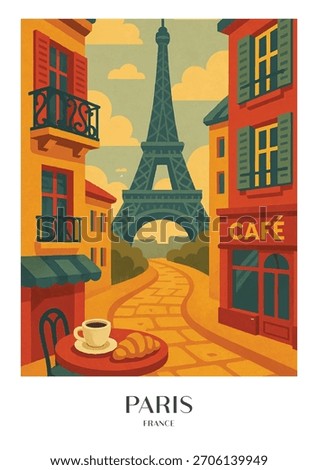 Colorful Paris vector showing the Eiffel Tower, cozy streets, café table with coffee and croissant, classic balconies, and warm European vibes. Ideal for travel posters, tourism, and romantic city the