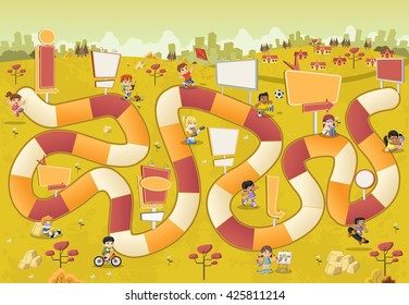 Colorful park with cartoon children playing over a board game with a block path on the city.