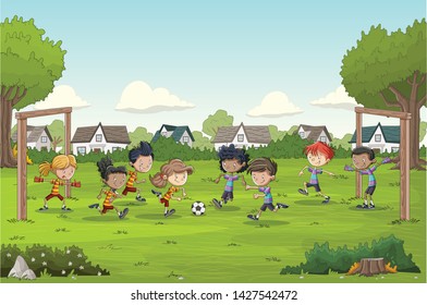 Farbiger Park in der Stadt mit Cartoon-Kindern, die Fußball spielen. Fußball im Vorort.