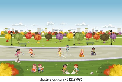 Colorful park in the city with cute cartoon kids playing. Sports and recreation.
