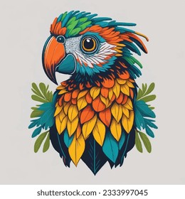 Colorful parrot face drawing vibrant vivid colored t-shirt design vector illustrations. Painted parrot persona