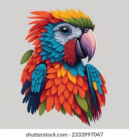 Colorful parrot face drawing vibrant vivid colored t-shirt design vector illustrations. Brilliant colorful plumage