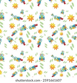 Colorful Parrot and Flower Pattern with Green Leaves on White Background