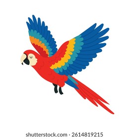 Colorful parrot flying illustration. Red, blue and yellow macaw bird in flat cartoon style. Tropical exotic animal vector isolated on white background.