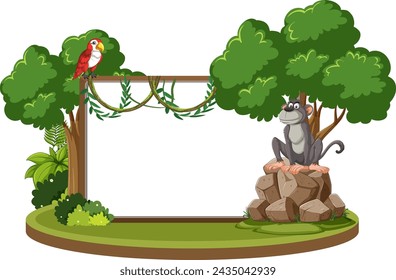 Colorful parrot and grey wolf in a forest scene