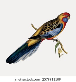 Colorful parrot illustration with vibrant feathers, perched on a branch. The parrot with bright red, blue, and feathers, showcasing a lively and exotic appearance. Vintage bird illustration vector.