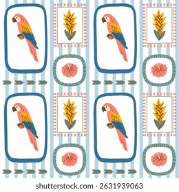 Colorful parrot macaw seamless pattern with tropical flowers and leaves in decorative frames, perfect for jungle-themed projects, textiles, and summer products.