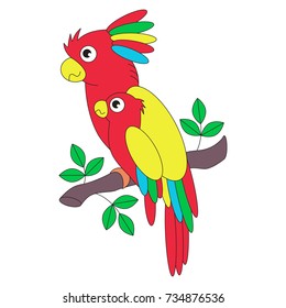 Colorful Parrot Mom and baby cartoon. Outlined illustration with thin line black stroke
