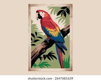 Colorful parrot on branch, poster with tropical jungle bird illustration