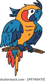 A colorful parrot is perched on a branch. The bird has a bright green body and a red beak. The image is a simple drawing of a parrot, but it conveys a sense of liveliness and energy