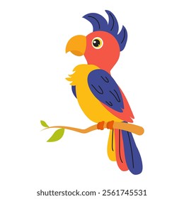 Colorful parrot perched on a branch in a whimsical design style