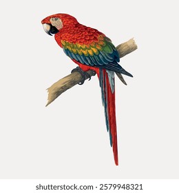 Colorful parrot perched on a branch. The parrot displays vibrant red, green, and blue feathers. Parrot illustration with detailed feathers and vivid colors. Vintage bird illustration vector.