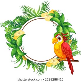 Colorful parrot perched on floral and leafy circular frame illustration