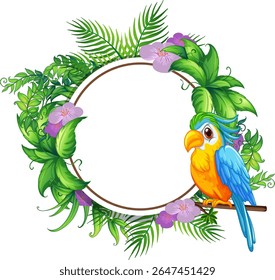 Papagaio colorido empoleirado na ilustração de quadro circular tropical floral