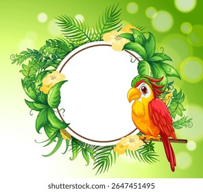 Colorful parrot perched on floral and leafy circular frame illustration