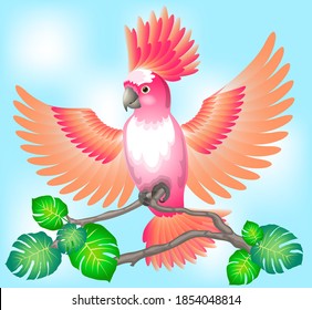 A colorful parrot sits on a tropical branch against a sky background