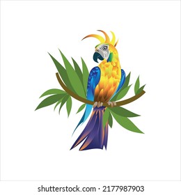 Colorful parrot sitting on a branch. A color image on a white background, drawn in the Adobe Illustrator program. The drawing is intended for printing.