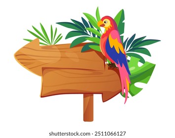 Colorful parrot sitting on a wooden sign post surrounded by tropical leaves in a jungle scenic flat vector illustration bright and vibrant colors