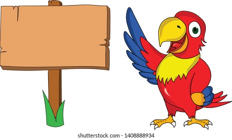 colorful parrot standing on the side of a banner sign showing presenting