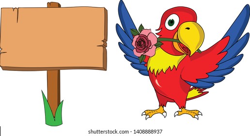 colorful parrot standing on the side of a banner sign showing presenting with flower stick